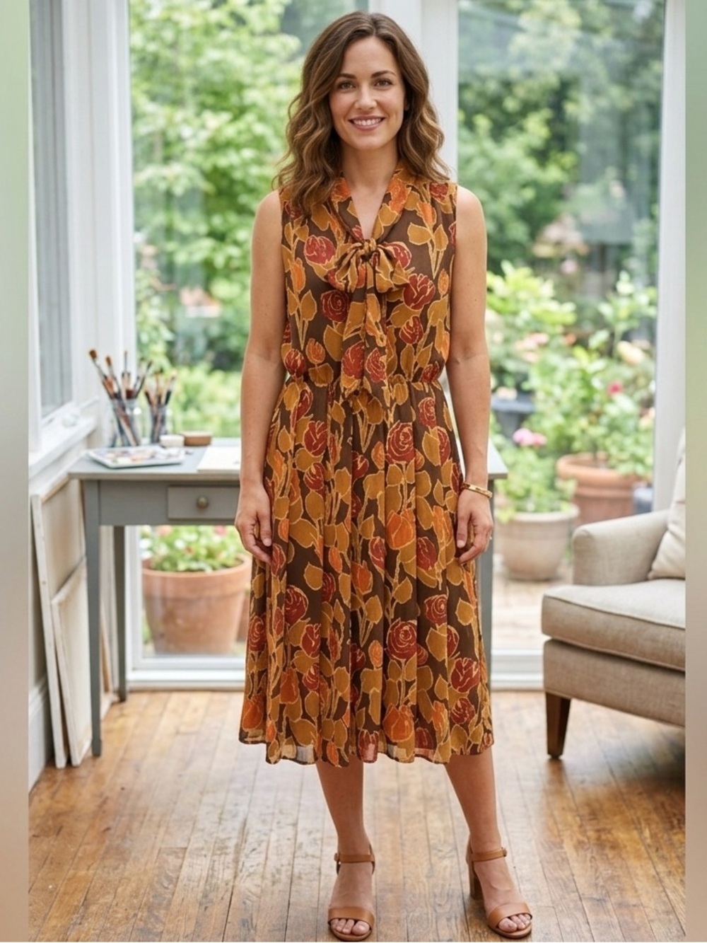 Isaac Mizrahi Dress Womens 6 Brown Floral Maxi Bow Collar Sleeveless Pleats